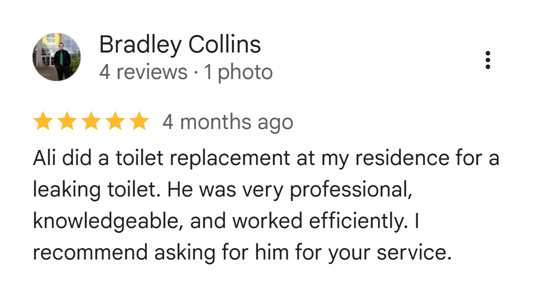 Five-star Google review from Bradley Collins recommending Ali for a toilet replacement