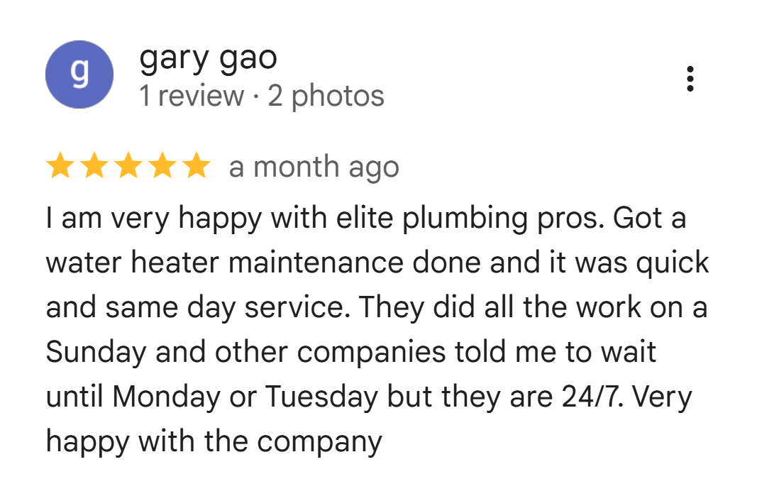 Five-star Google review from Gary Gao praising same-day water heater maintenance
