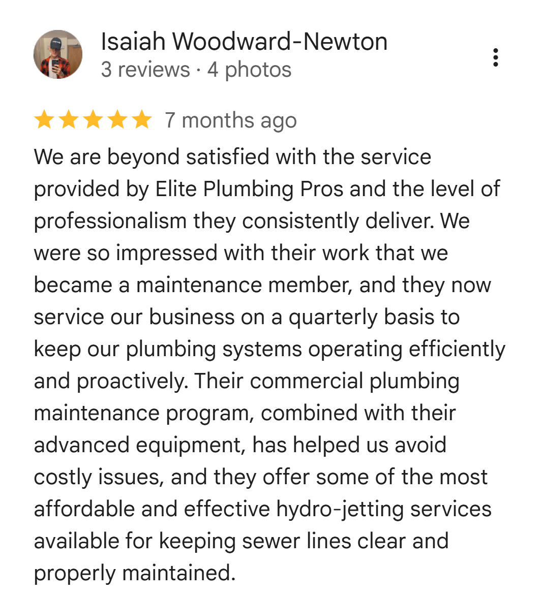 Five-star Google review from Isaiah Woodward-Newton about commercial plumbing maintenance and hydro-jetting