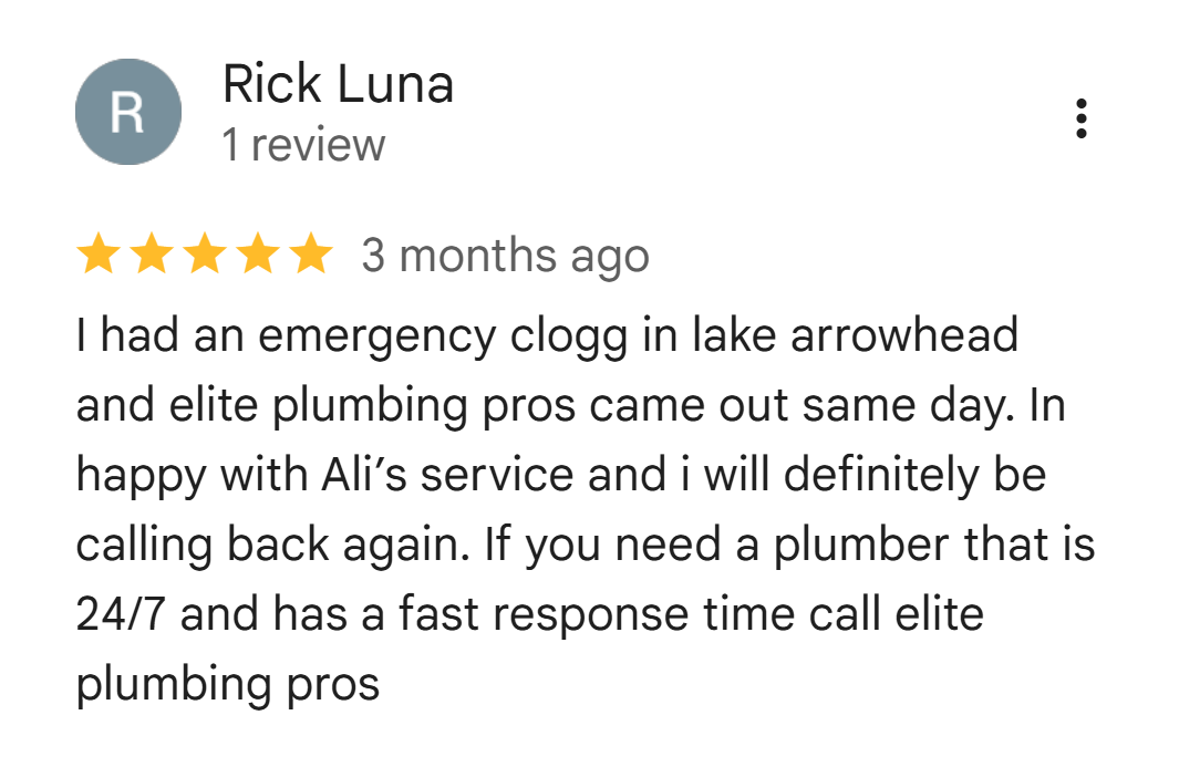 Five-star Google review from Rick Luna about a same-day emergency clog in Lake Arrowhead