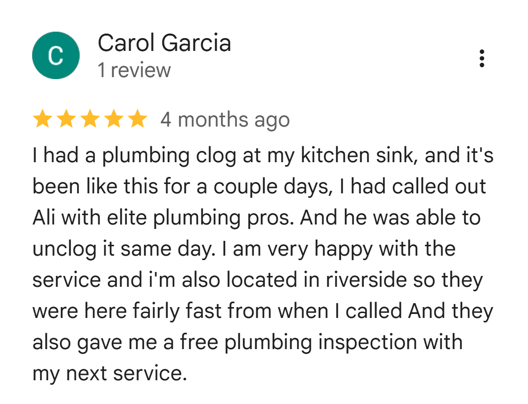 Five-star Google review from Carol Garcia about a same-day kitchen sink clog in Riverside