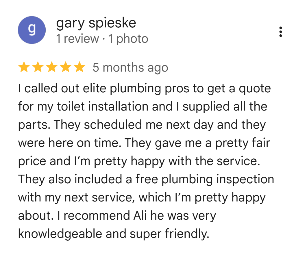 Five-star Google review from Gary Spieske about a fairly priced toilet installation