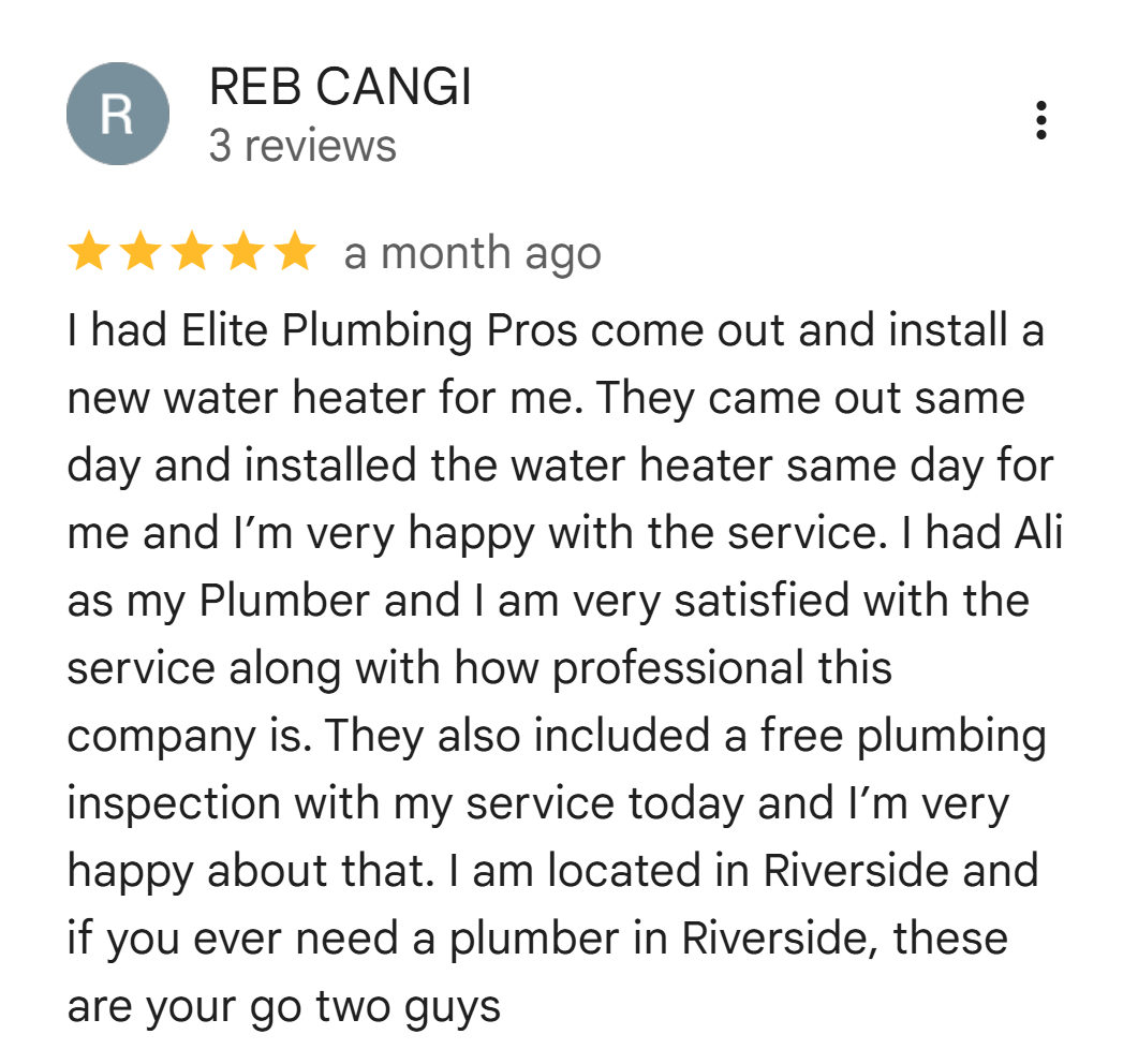 Five-star Google review from REB CANGI about a same-day water heater installation in Riverside